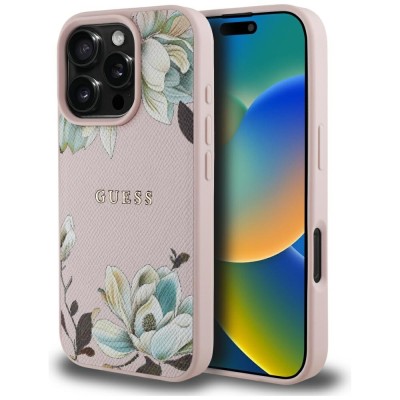 Husa iPhone 16 Pro Max Guess Grained Flowers MagSafe, roz, GUHMP16XPGNMPLMP foto