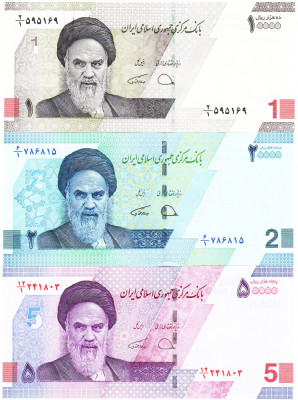 Iran Set 10 000-20 000-50 000 Riali 1-2-5 Riali noi 2021 P-161-3 UNC foto
