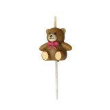 Cumpara ieftin Lumanare decorativa pentru tort, model ursulet maro cu fundita roz, cu betisor pentru fixare, decor aniversari si petreceri, 7.2 x 3.4 cm