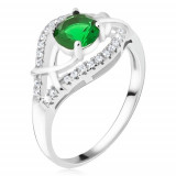 Inel din argint - ştras rotund, verde, braţe cu zirconiu - Marime inel: 64