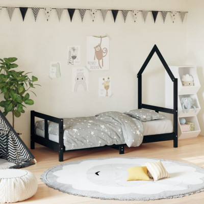 vidaXL Cadru de pat pentru copii, negru, 80x160 cm, lemn masiv de pin foto