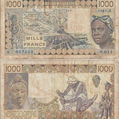 1985, 1.000 francs (P-107 Af) - Coasta de Fildeș (Statele Africane de Vest)!