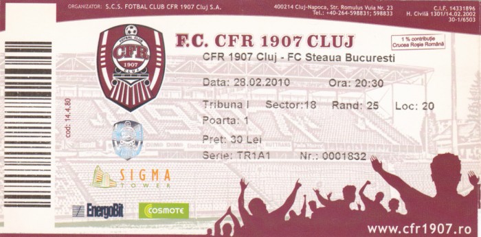 BILET DE MECI FOOTBAL CFR 1907 - STEAUA BUCURESTI