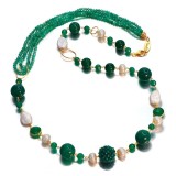 Cumpara ieftin Colier Argint 925 placat aur, agat verde smarald, perle cultura albe-roz, 75cm, Sensation, Made in Italy