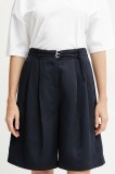 BOSS pantaloni scurți din amestec de in femei, culoarea bleumarin, uni, high waist, 50537809