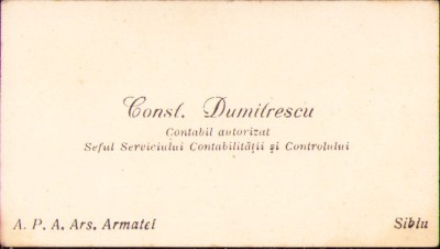 HST A1504 Carte de vizită interbelică Arsenalul Armatei Sibiu contabil foto