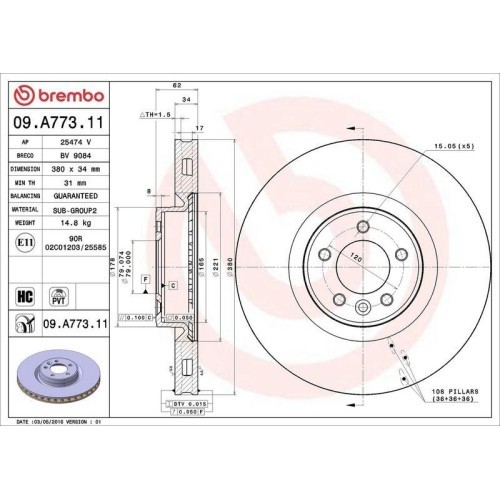 Set disc frana Land Rover Range Rover 4 (L405) 08.12-, Range Rover Sport I (L320) 02.05-03.13, Range Rover Sport 2 (L494) 04.13-, Fata, 380X34mm, ven
