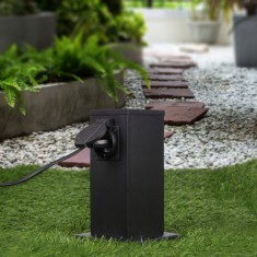 Stalp cu doua prize incorporate, pentru exterior, Ontario, 2x500W, otel inoxidabil si PC, IP44, negru foto