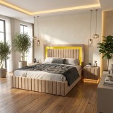 Pat Tapitat Loris Crem Catifea Premium cu Noptiere Tapitate Scrie-ne pentru detalii