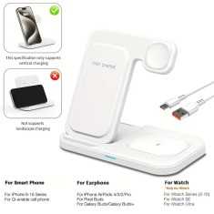 Stație de &icirc;ncărcare wireless 3 &icirc;n 1 pliabilă pentru telefon, ceas și căști