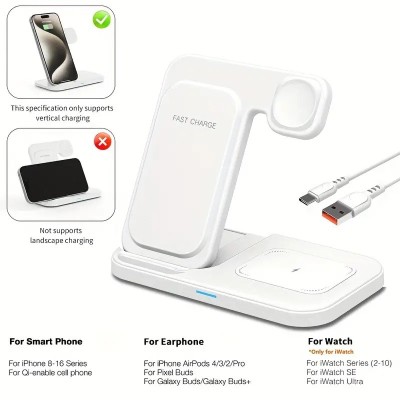 Stație de &amp;icirc;ncărcare wireless 3 &amp;icirc;n 1 pliabilă pentru telefon, ceas și căști foto