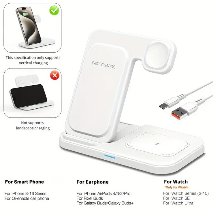 Stație de &icirc;ncărcare wireless 3 &icirc;n 1 pliabilă pentru telefon, ceas și căști