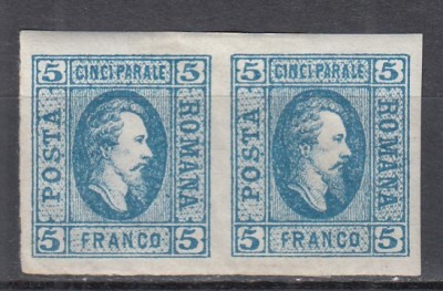ROMANIA 1865 LP 16 ALEXANDRU IOAN CUZA EFIGIA DOMNITORULUI IN OVAL 5 PARALE ALBASTRU PERECHE GUMA ORIGINALA SARNIERA foto