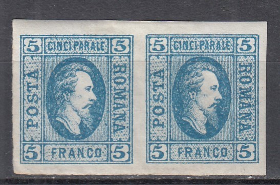 ROMANIA 1865 LP 16 ALEXANDRU IOAN CUZA EFIGIA DOMNITORULUI IN OVAL 5 PARALE ALBASTRU PERECHE GUMA ORIGINALA SARNIERA