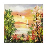 Tablou apus de soare cu iola pictat manual, 35x35cm ulei pe panza, Constantin Feraru