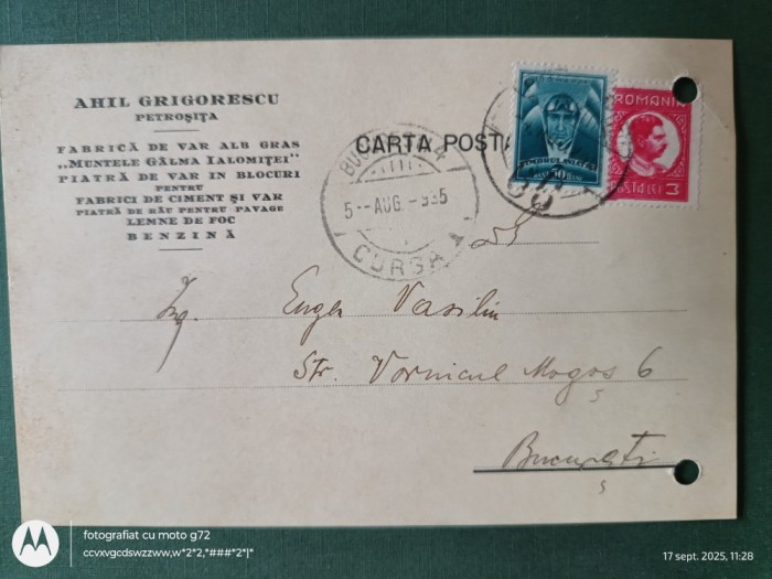 Regalitate Romania , carte postala corespondenta circulata ,corepondenta financiar -comerciala avocat