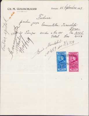 HST A966 Factură 1929 comerciant evreu Goldschlager Botoșani filigran Socec foto