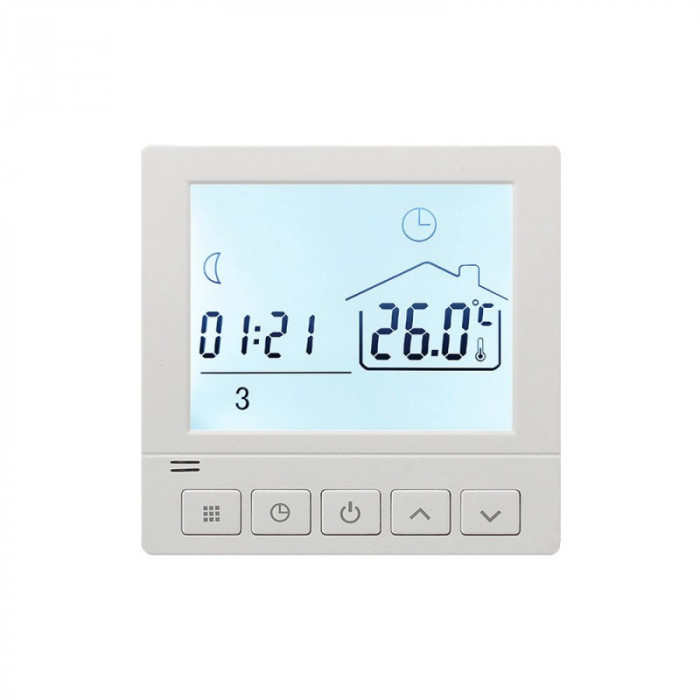 Termostat Techstar&reg; TH-8, Ecran Digital, Incastrabil, 16A, 3500W, Alimentare 220V, Senzor Pardoseala, Alb