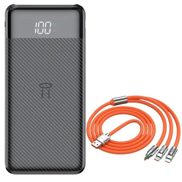 Powerbank Li-Po cu Display LED, 10.000 mAh, 2 X USB, 1 X USB-C si Cablu de incarcare Fast Charge, 3 in 1, 120 W, 2 m