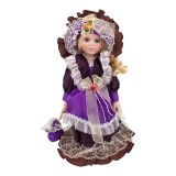 Statueta decorativa, Papusa cu fata si mainile din ceramica cu rochie, palarie si accesorii retro, 35 cm, 1754H-1