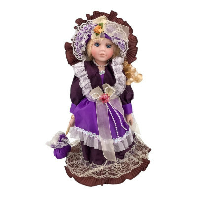 Statueta decorativa, Papusa cu fata si mainile din ceramica cu rochie, palarie si accesorii retro, 35 cm, 1754H-1 foto