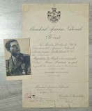Brevet pt Ordinul Steaua Romaniei in grad de Ofiter cu panglica de Virtute Militara si FRUNZA DE STEJAR dat in 1945 + foto originala a ofiterului. RAR