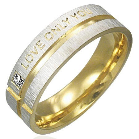 Inel din oțel - argintiu cu dungi aurii, declarație de dragoste - Marime inel: 52