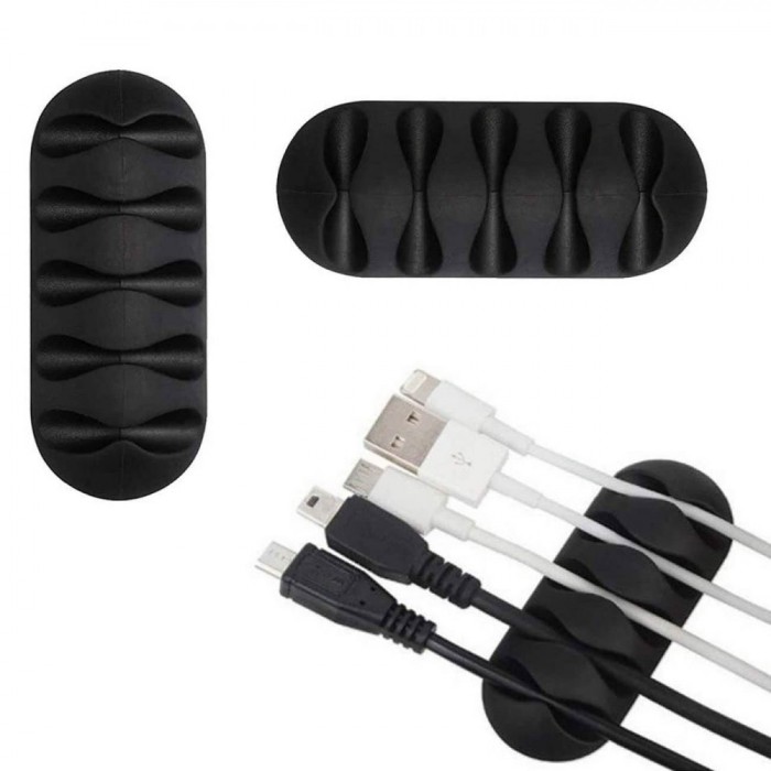 Organizator Cabluri, 5-Canale, Set 2 Bucăți, Plastic, Culoare Negru, Dimensiuni 6.6x2.8cm