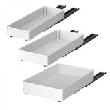 Set 3 sertare cu glisiere autoadezive soft-close, extragere totala, sina cu extensie, 3 dimensiuni, din metal si plastic, alb