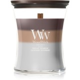 Woodwick Trilogy Radiant Cashmere lum&acirc;nare parfumată cu fitil din lemn 275 g