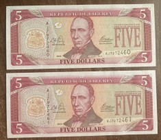 B11 4 - Bancnota foarte veche - Liberia - 5 dolari - 2003 - serii consecutive