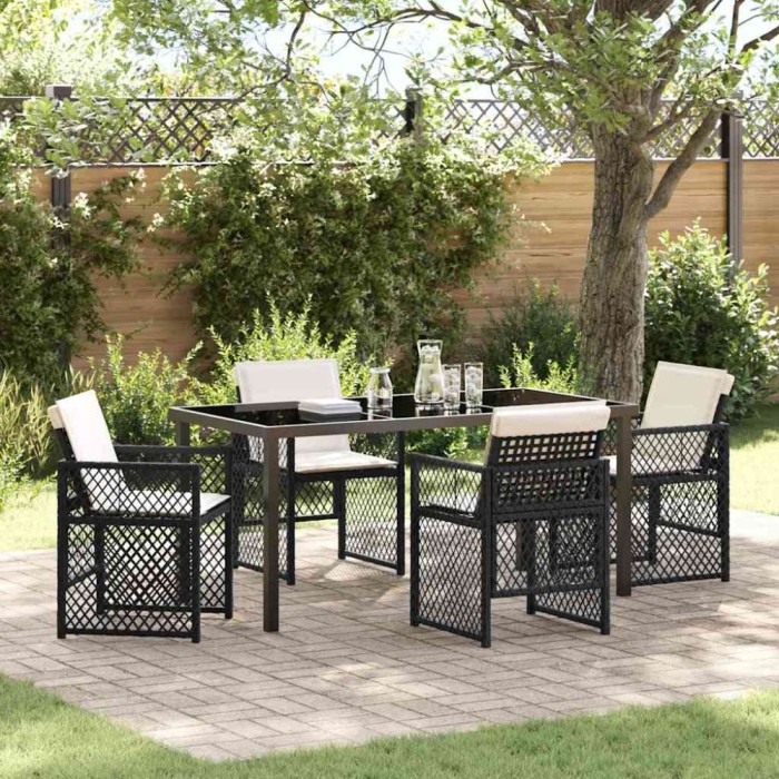 vidaXL Set de Masă de Grădină cu 5 Piese, Perne Negru, Rattan Polimer