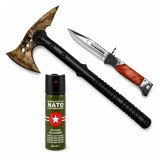Cumpara ieftin Set topor SurvivormBriceag Automat din Oțel 440C si Spray Autoapărare NATO 39 cm/110 ml/22 cm, husa inclusa