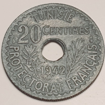 3293 Tunisia 20 centimes 1942 Ahmad II 1361 zinc km 268 foto