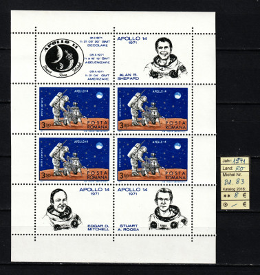 Romania, 1971 | Misiunea Apollo 14 - Mini Rover - Cosmos | Bloc M/S - MNH | aph foto