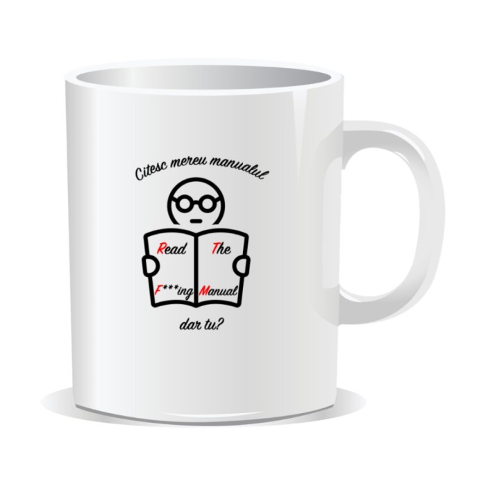 Cana personalizata cu mesaje pentru ingineri, Citesc mereu manualul. Dar tu?