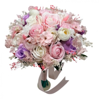 Buchet mediu personalizabil cu trandafiri, mini bujori, hortensie , flori de cires si floarea miresei (Alb, Roz) foto