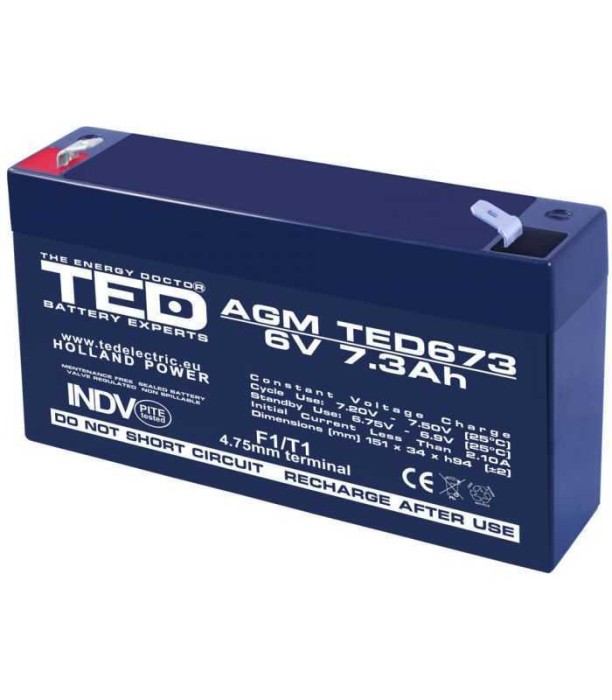 Acumulator AGM VRLA 6V 7.3Ah plumb acid 151x34x94 mm F1 terminal TED