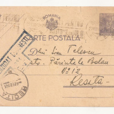 R1 Romania - Carte postala CENZURATA ,BUCURESTI-RESITA, circulata 1943