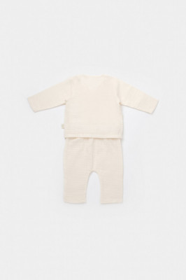 Set bluzita petrecuta si pantaloni lungi din muselina, BabyCosy, 100% bumbac organic, Ecru (Marime: 6-9 luni) foto