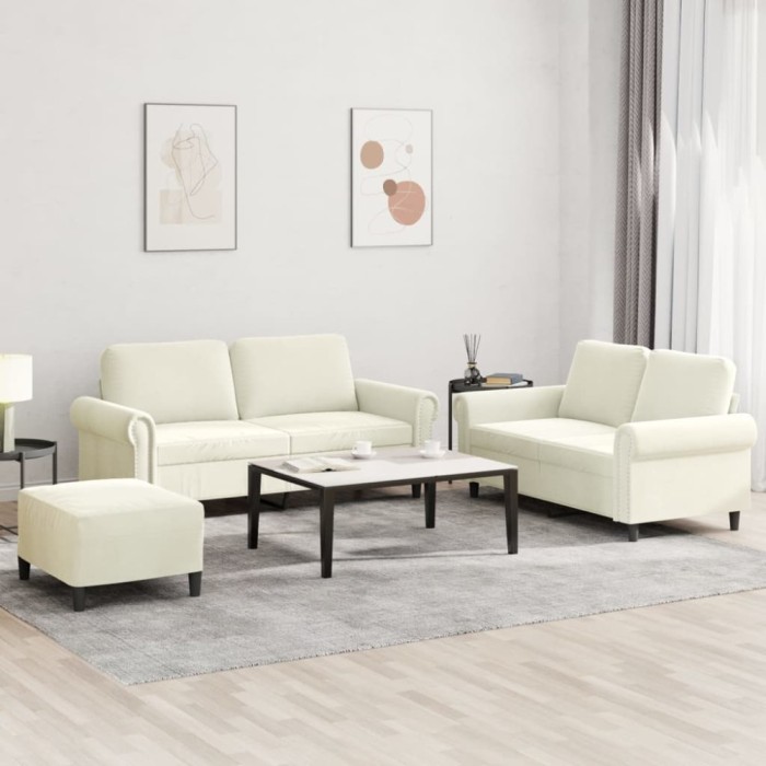vidaXL Set de canapele cu perne, 3 piese, crem, catifea 3202228