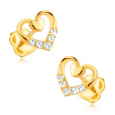 Cercei din aur, de 14K, diamante - contur inimă, inimă mai mică și diamante