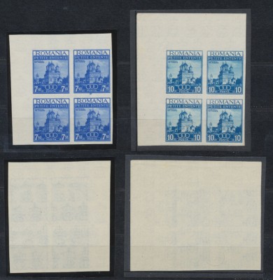 Romania 1937 Antanta Balcanică serie rarisima in blocuri de 4 NEdantelate cu colt de coala MNH, doar 8 au existat din 200 serii emise foto