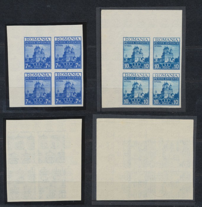 Romania 1937 Antanta Balcanică serie rarisima in blocuri de 4 NEdantelate cu colt de coala MNH, doar 8 au existat din 200 serii emise
