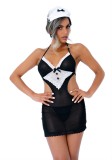 Set Joc Rol Servitoare Franceza Justforme, Rochie Mini Sexy, Plasa Transparenta, Dantela, Coprica Fundita, Negru, Marime S/M