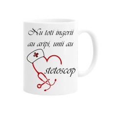 Cana alba personalizata Nu toti ingerii au aripi, unii au stetoscop, ceramica, INOVATIX&reg;. 330 ml