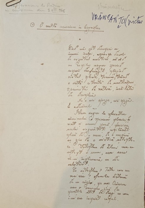Gheorghe Vraneantu, Manuscris, Scurta biografie (text transmis la radio, 8 august), 1968