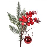 Ramura Decorativa Brad, Pomusoare Glob, 33cm, Rosu, Plastic, Oem