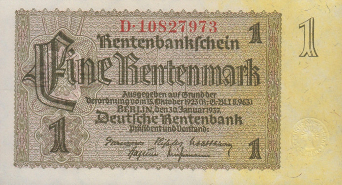 GERMANIA █ bancnota █ 1 Rentenmark █ 1937 █ P-173b █ SERIA G █ UNC █ necirculata