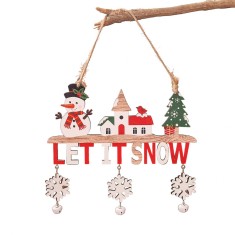 Decoratiune de craciun din lemn, flippy, cu snur pentru agatare in brad, model om de zapada, scris let it snow, 21.9x19 cm, multicolor
